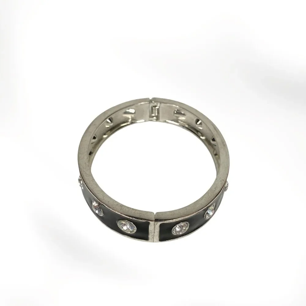 VTG Enamel Rhinestone Studded Bracelet Black Silver Tone Hinged Bangle Clamper